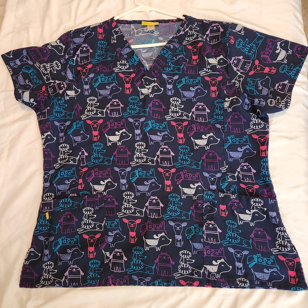 WonderWink Navy Scrub Top with Pink, Teal, Purple and White Dog Print